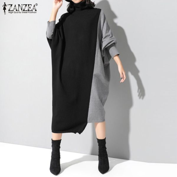

casual dresses fashion autumn turtleneck long sleeve baggy dress zanzea women sundress loose female work vestido shirt patchwork, Black;gray
