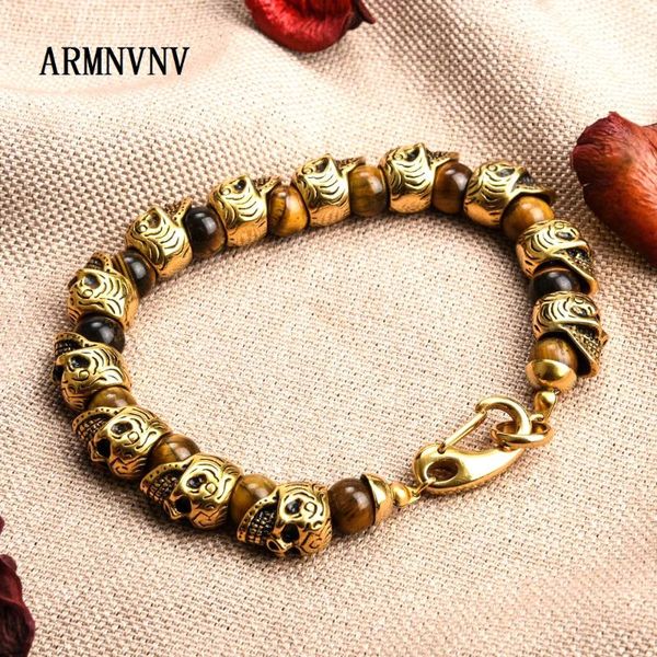 

fashion jewelry natural stones stainless steel skull bracelet for men natural stone beads and tiger eye stone beads bracelet men, Black
