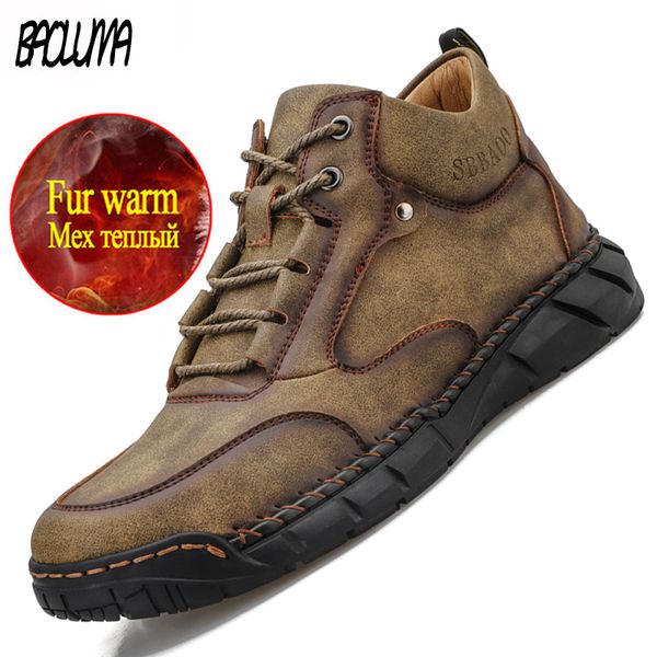 

brand men's winter boots fur warm men's snow boots leather platform winter outdoor trainers, Black