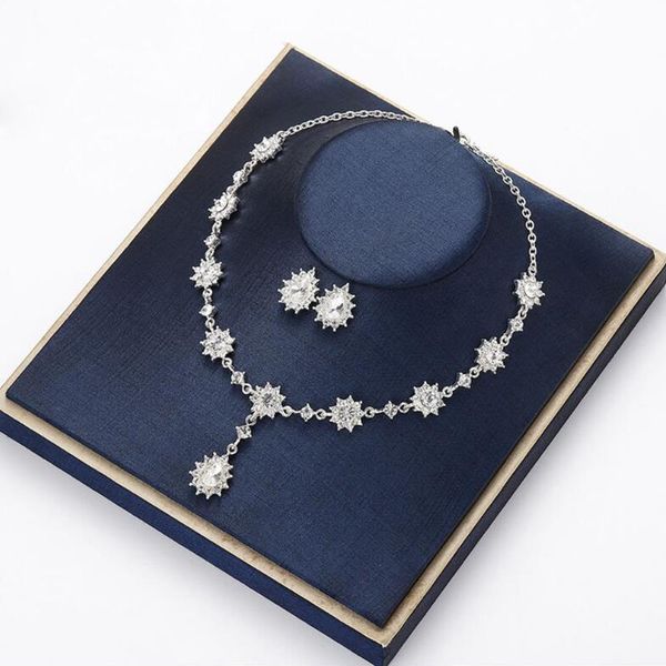 

sale crystal rhinestone bridal wedding jewelry sets for women unique water drop shape stud earrings necklace set collares mujer, Silver