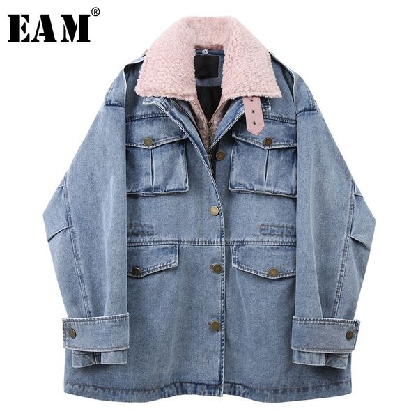 

eam] loose fit lambslwool denim big size thick jacket new lapel long sleeve women coat fashion tide autumn winter 2020 1x1580, Black;brown