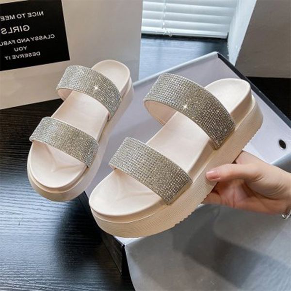 

women slippers 2020 slide for woman platform glitter bling comfort flats female indoor crystal samdals women's summer shoes, Black