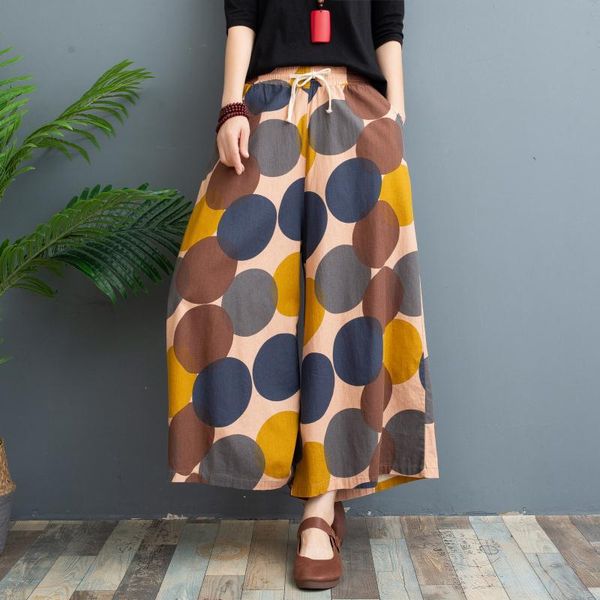

Summer New Style Women's Wide-leg Pants Washed Cotton and Linen Culottes Thin Print Large Size Loose Linen Eight-point Casual Leggings