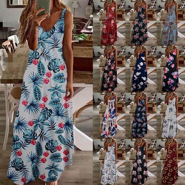 

casual dresses spring summer dress floral women v-neck printing sleeveless camisole beach long loose, Black;gray