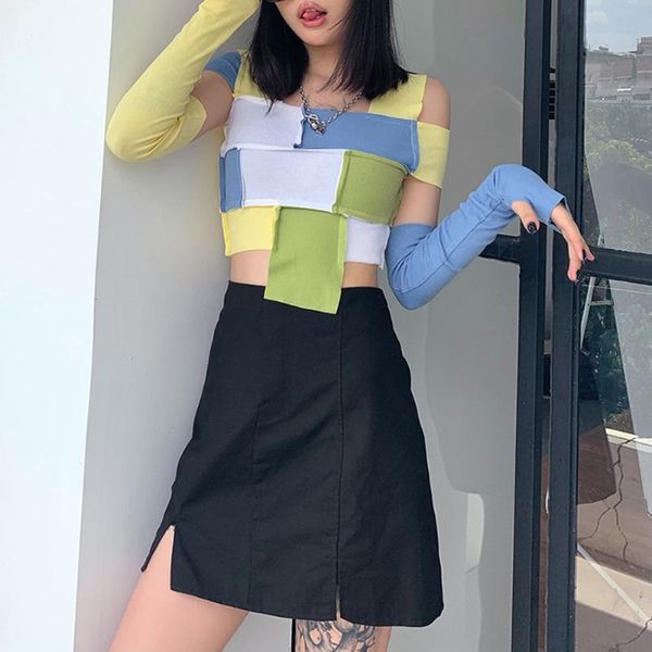 

women's t-shirt off shoulder patchwork women crop fashion knitted street t-shirts supporting detachable gloves thin mujer, White