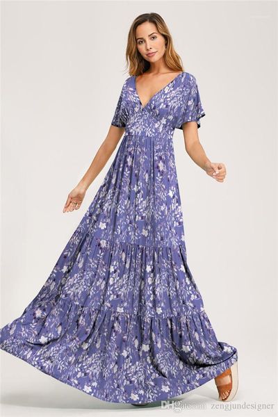 

beach holidday designer style female clothing v neck womens summer maxi dresses short floral print, Black;gray