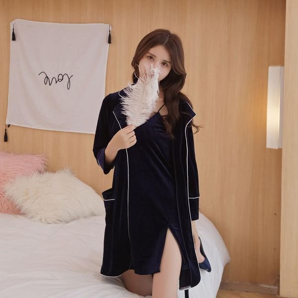 

women's sleepwear home wear nighty&robe women 2 pcs sleep set nightgown nightwear elegant thick warm kimono bathrobe 2021, Black;red