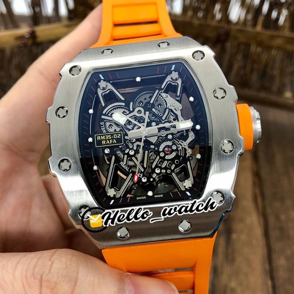 

new steel case rm35-02 skeleton dial miyota automatic mens watch rm035 orange rubber strap sport watches hello_watch, Slivery;brown