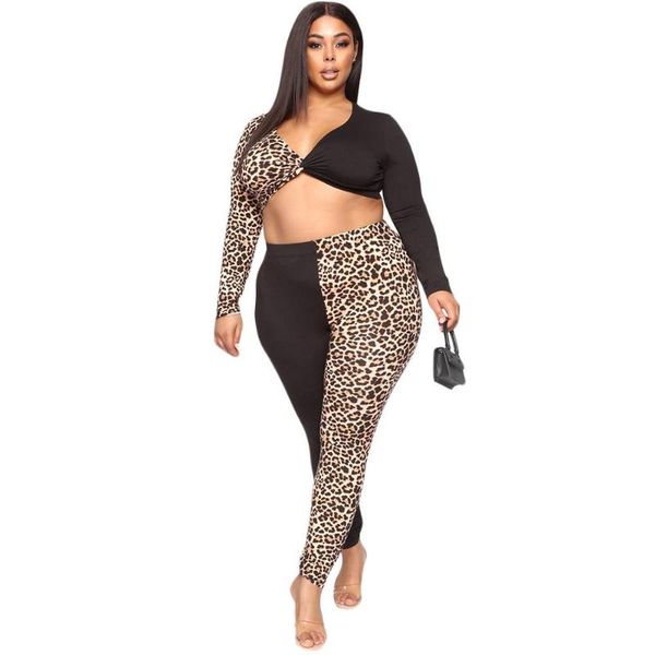 

сексуальный v шеи 2 шт плюс размер женщин печати леопарда заплатки из двух частей установить с длинным рукавом повседневные спортивные костю, Gray