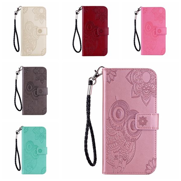 Custodie a portafoglio in pelle con stampa gufo per Iphone 15 14 Pro Max X XR XS 8 7 Plus Sumsung S23 FE A25 A15 A05S A05 Fiore pizzo carino slot Flip Cover Night Bird Holder Pouch Strap