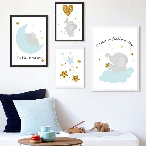 

decoración del hogar nube estrella elefante lienzo arte pintura cuarto de niños pared colgante pintura nórdica cartel sin marco