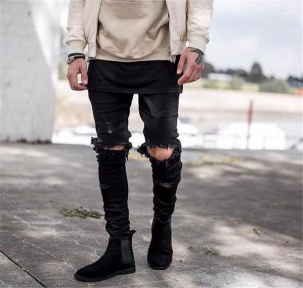 

skinny pockets designer jean zipper fly washed male pencil pants high street mens hole jeans spring summer light blue black