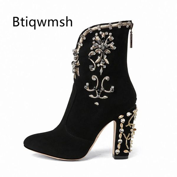 

элитная кожа ботильоны женщин остроконечные toe rhinestone алмазный цветок высокий каблук сапоги femme ретро короткие, Black