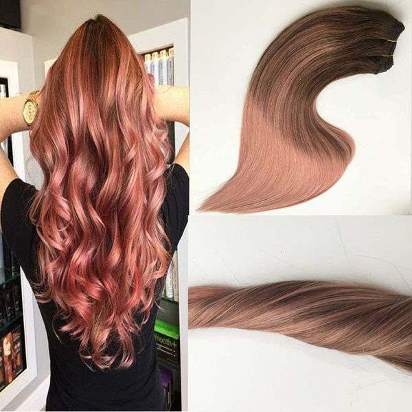 

brazilian remy hair 100% human hair weft balayage ombre color darker brown fading to rose golden straight sew in hair bundles, Black
