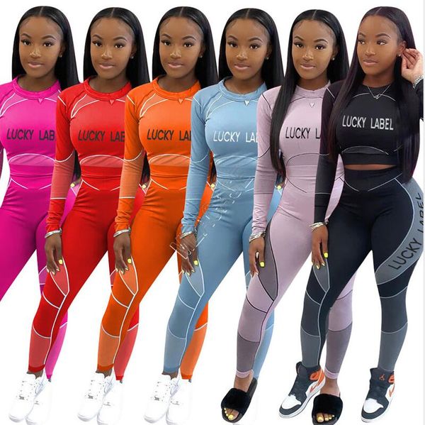 

women tracksuit lucky label letters long sleeves t shirt crop tight leggings pants slim two piece set outfit exercise sports suit d92305, White