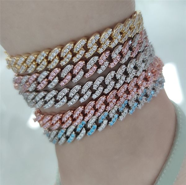 

europe and america trendy women anklets 5 colors for options 9mm gold plated bling cz cuban anklets bracelets chains for girls women, Red;blue