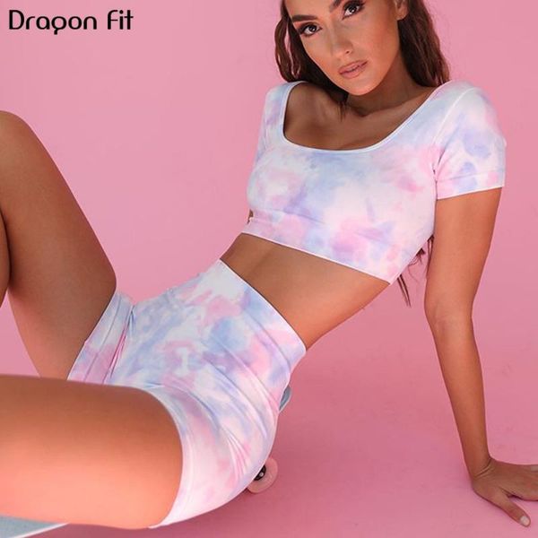 

dragon fit workout clothes for women tie dye yoga 2 piece set sports bras biker shorts set active wear women fitness clothing, White;red