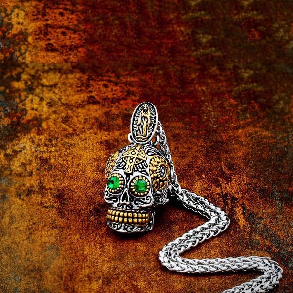 

fashion cool men's gothic carving pendant necklace stainless steel green eyes crystal biker rings for women man viking jewelry, Silver