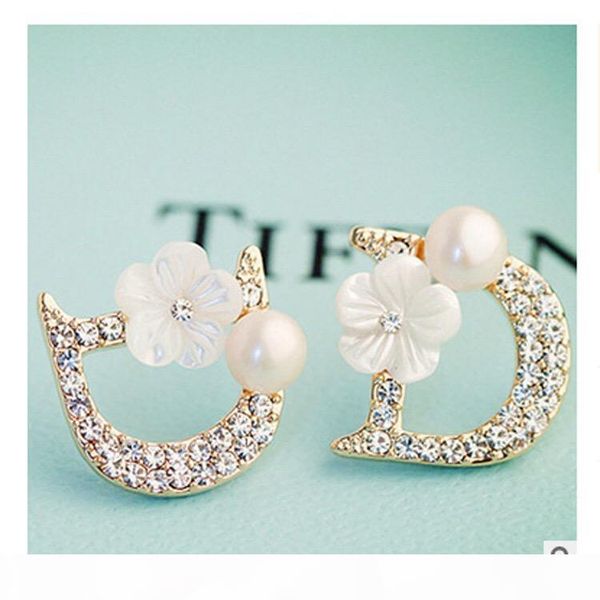 

new woman jewelry small letter d designer flowers pearls 925 silver earrings bijoux bijouterie jewelry gift, Golden;silver
