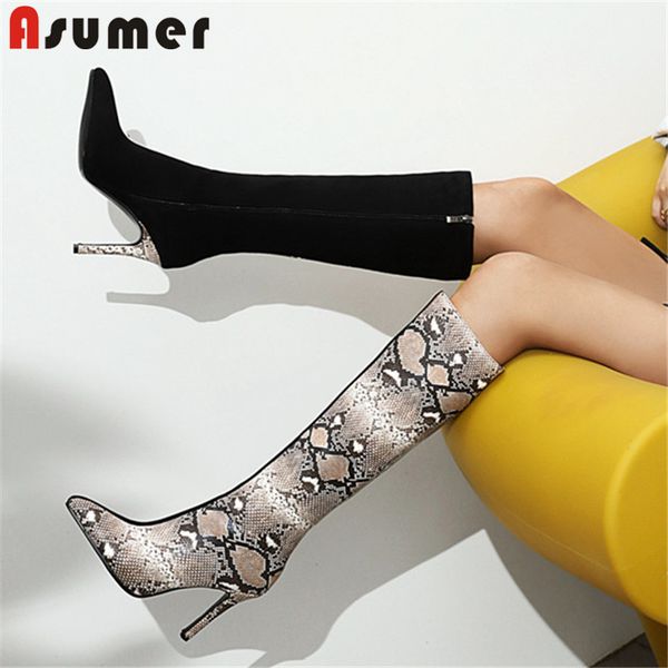 

boots asumer 2021 european style knee high women mixed colors snake thin heels long ladies party shoes, Black