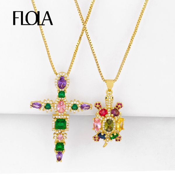 

flola cz rainbow cross necklaces for women multicolor turtle necklace crystal cubic zirconia gold filled jewelry arcoiris nkeq74, Silver