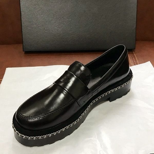 

genuine leather british thick heel slip on black ladies shoes female comfortable non-slip shoes women round toe flats