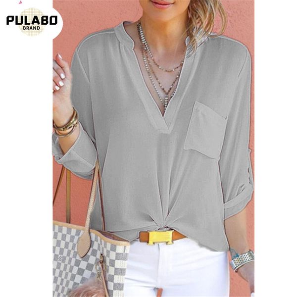 

2020 spring loose blouse shirts plus size casual long sleeve women's blouses female clothes v-collar chiffon pocket blusas, White