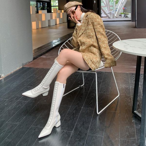 

2020 spring and autumn new thick heel pointed toe long knight boots high boots women's wild stovepipe zipper but knee x358, Black