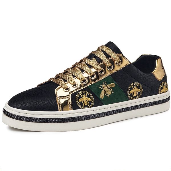 

nger shoes men black skate sneakers pu leather golden luxury embroidery d01