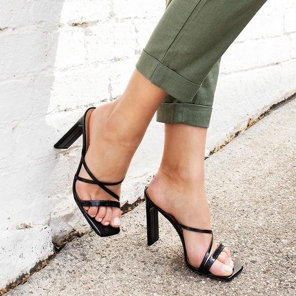

2020 new leather solid women sandals cross-tied square toe high heels comfortable shoes women open toe fashion shoes, Black