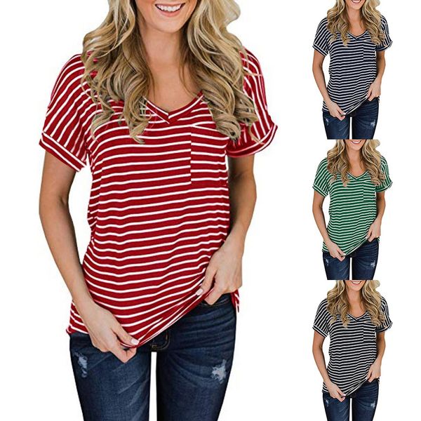 

a generation of 2019 cross-border european and american t-shirt womens pocket v-neck striped short-sleeved t-shirt women, White