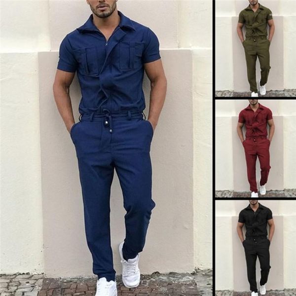 

jumpsuits short sleeve long pants homme jumpsuits casual male clothes zipper cargo mens tracksuits solid color regular one piece, Gray