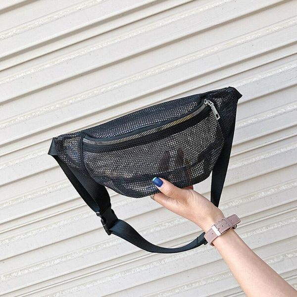

2020 women travel waist fanny pack money adjustable net mesh see through belt wallet glitter bum bag pouch casual beach soft