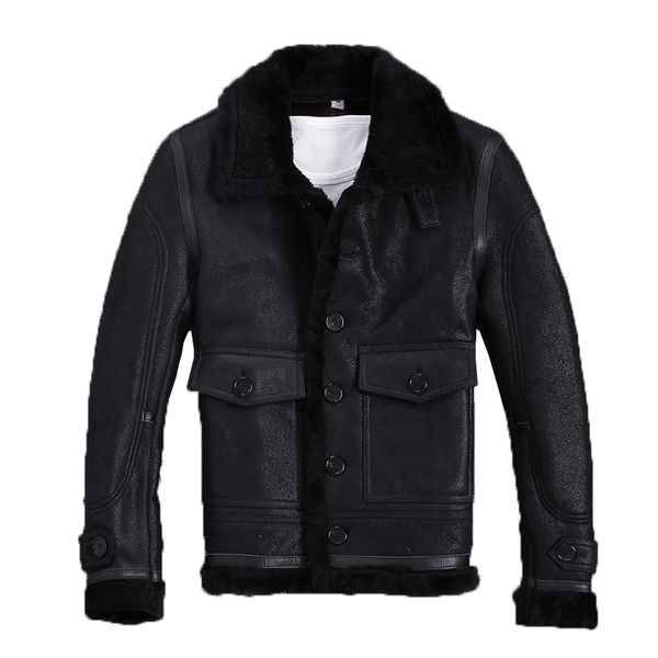 

winter genuine leather jacket men sheepskin coat shearling leather jackets real fur coats warm overcoat m-s-n-9 kj1317, Black