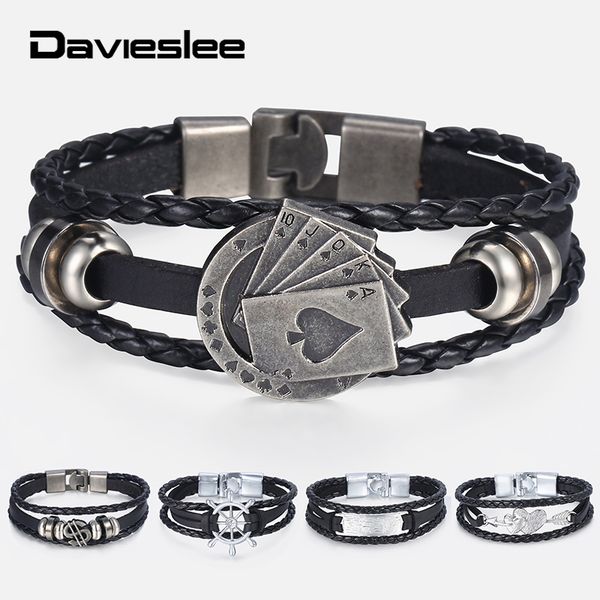 

davieslee leather bracelet for men vintage lucky poker card stars bar charm multilayer strand bracelet male jewelry gifts dlbb01, Black