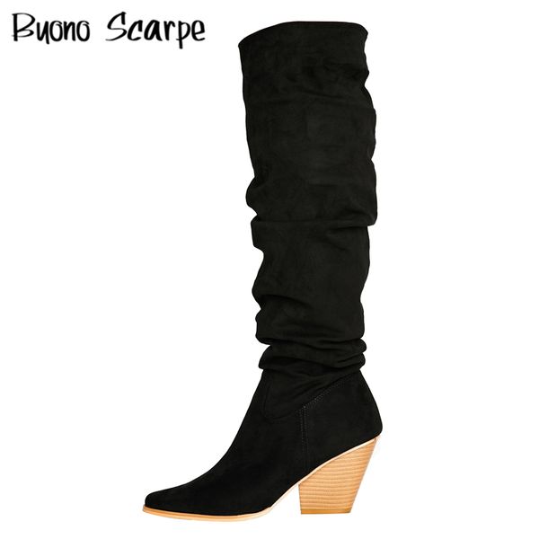 

chunky high heel pleated women boots pointed toe black party shoes ladies dancing knee boots brand designer female mujer
