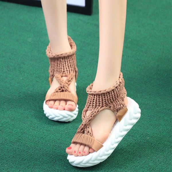 

woman knitting summer female sandals shoes platform ladies fashion open toe flat women woolen comfortable footwear plus size, Black