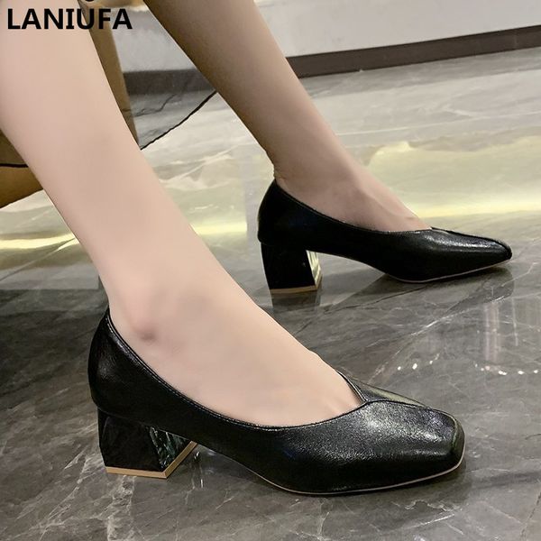 

dress shoes women high heels sandals female platform shallow slip on square pumps work mujer, Black