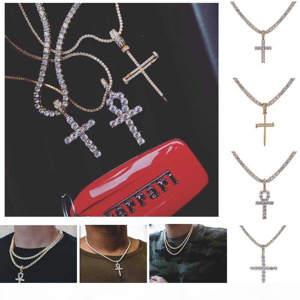 

hip hop iced out ankh cross pendant necklace 4mm tennis chain micro pave cz stones gold chains for men, Silver