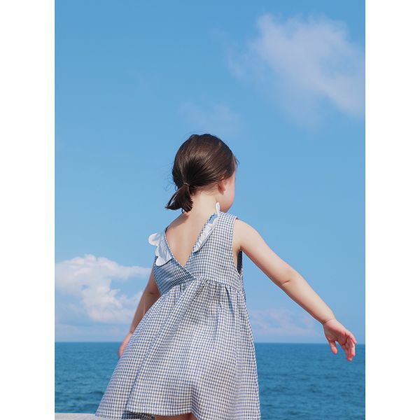 

2020 girls sweet summer sleeveless dress new children grid princess dress, Red;yellow