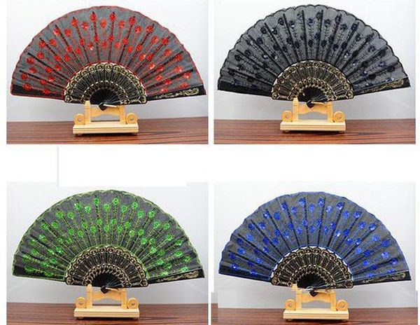 

feather hand colored 9 cloth peacock folding embroidery multi-color select fan sequins black inch design chinese fan plastic styles ynufx