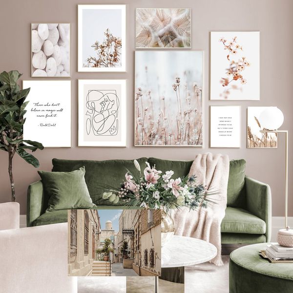 

wheat daisy flower print dandelion cobblestone canvas painting line wall art plants leave poster nordic wall pictures home decor