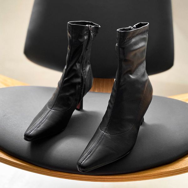 

деа 2020 новая весна осень мода высокий тонкий каблук остроконечные эластичная кожа одиночные обувь женская короткие прохладный сапоги sf331, Black