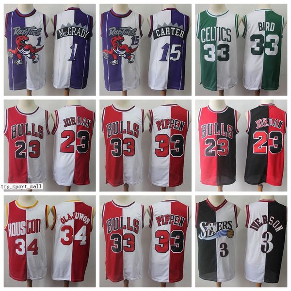 

split two colors basketball jerseys allen iverson pippen hakeem olajuwon tracy mcgrady vince carter larry bird red black, Black;red