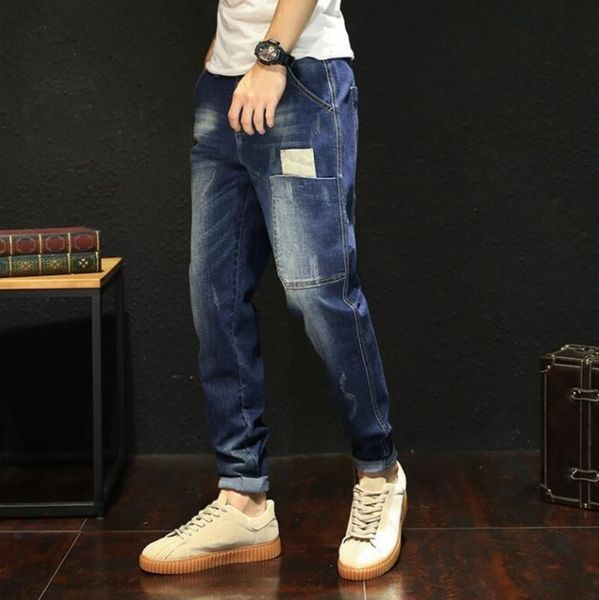 

#2020 japanese streetwear jeans for man plus size 44 joggers jeans loose pencil harem patchwork stretch denim black blue