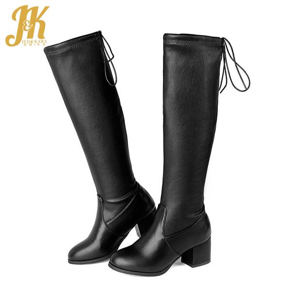 

jk knee high boots women high heels thick boot ladies stretch pu shoes female round toe shoes lace up winter big size 45, Black