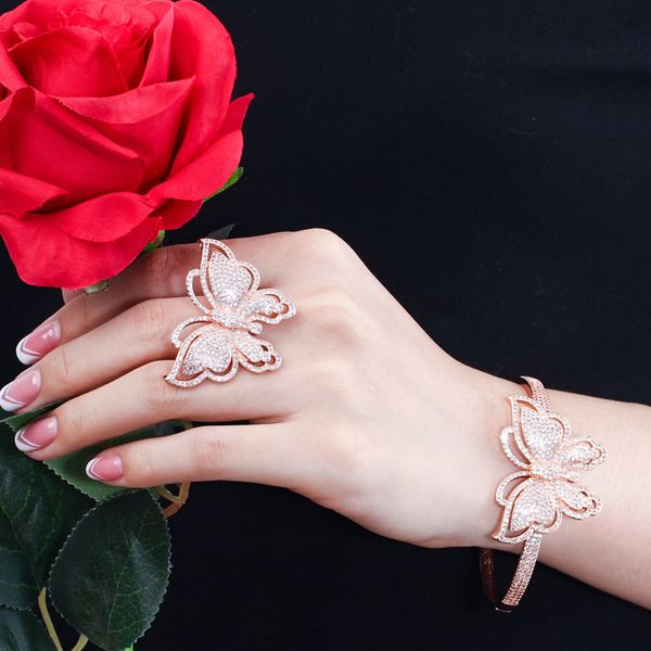 

2020 new fashion beautiful butterfly women's bracelet ring micro inlaid zircon luxury high-end banquet jewelry ladies bracelet ring, Silver