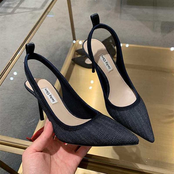 

high-heeled shoes women fall 2020 new leather pointed shallow mouth strap baotou thin heel bare word strap sandals women, Black