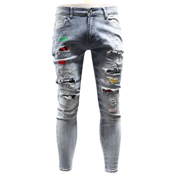 

рваные джинсы мужчины мода светло-голубой патч печати slim fit stretch хлопок джинсовой карандаш брюки 2020 корейский стиль destroy жан, Blue