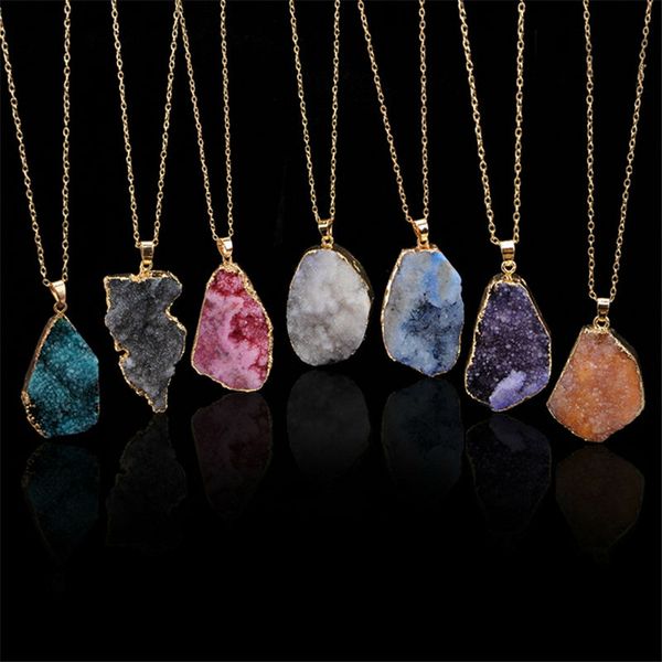 

7 colors natural drusy quartz druzy pendant fashion gold color irregular shape crystal jewelry charm necklace for women, Silver